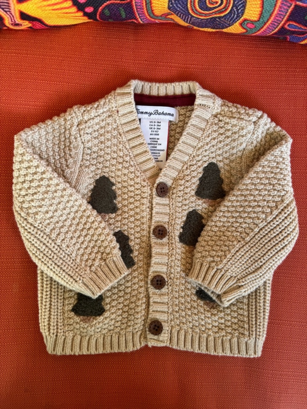 Tommy Bahama Kids Cream Knit Cardigan with Green Pine Tree Patches Unisex 0-3M - Picture 3 of 9